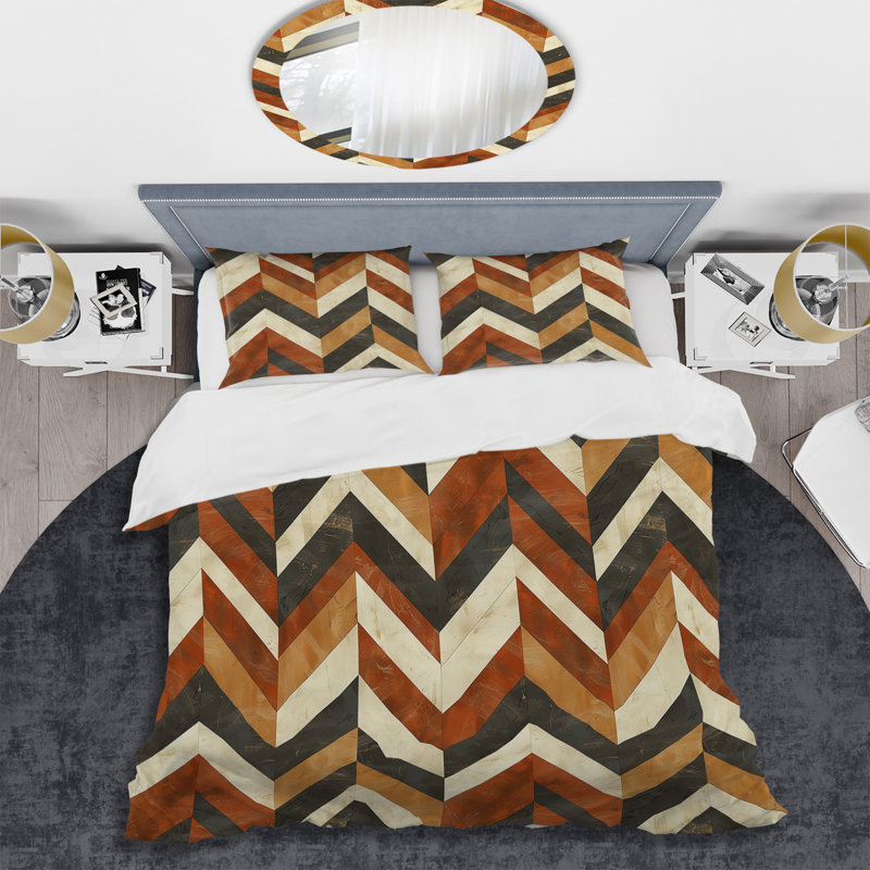 Ensemble de housse de couette moderne à motif de chevrons orange et beige, Housse de couette simple + 2 taies décoratives st