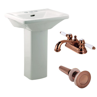 Grand lavabo de salle de bain rectangulaire à piédestal blanc 6 po avec robinet