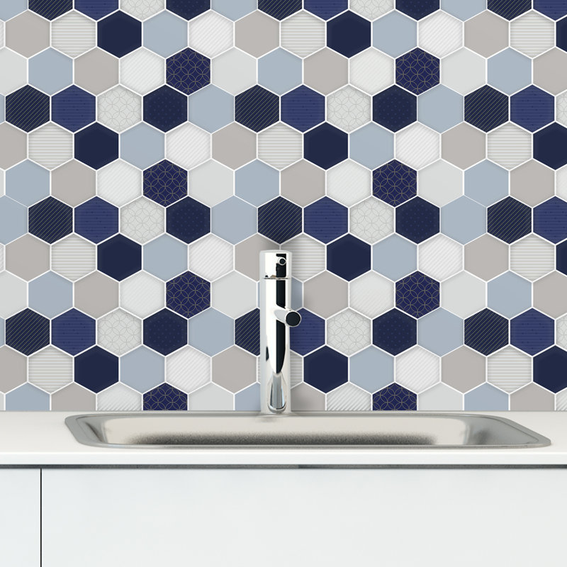 Honey  Hexa Glossy 3D Tile Stickers 30 x 15cm, Blue/Cream