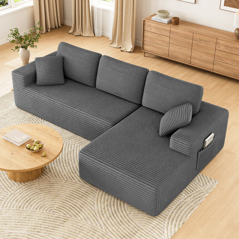 Canapé moderne modulaire en velours côtelé de 108 pouces avec design en forme de L, Orienté à droite, Velours côtelé gris