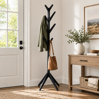 Porte-manteau sur pied en forme d'arbre, 8 crochets, noir, idéal pour ranger les manteaux dans une entrée.
