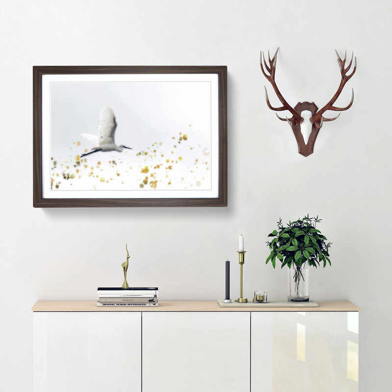 Great Egret Bird in Flight in Abstract - Picture Frame Painting Print, 48cm H x 65cm W x 2cm D, Walnut Framed
