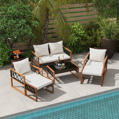 7-Piece Outdoor Sectional Sofa Set, PE Wicker & Acacia Wood with 2 Tempered Glass Tables