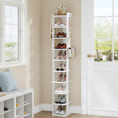 Vertical Shoe Rack, Narrow Shoe Rack For Small Space, Wooden Shoes Organizer With Hooks, Adjustable Slim Shoes Tower for Entryway, Living Room, Bedroom, White 