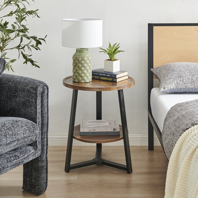 Walnut and Black Round Two-Tier Accent Table with Metal Legs