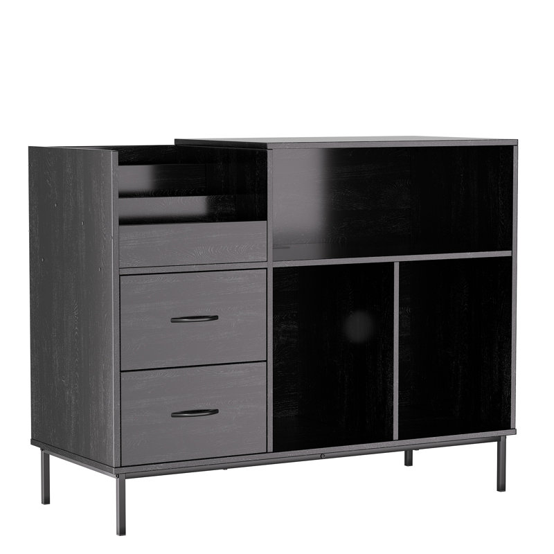 Record Player Stand With Flip-Top - Wood Vinyl Storage Cabinet With 2-Outlet Power Strip, Drawers & Dustproof Cubbies, Media Console