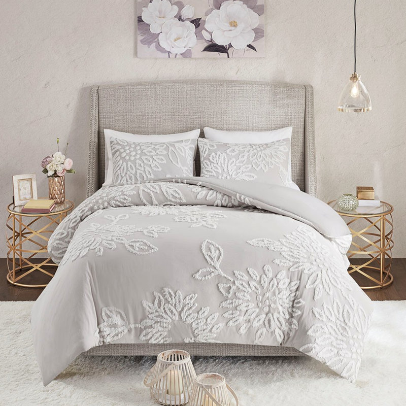 Housse de couette en chenille de coton 3 pièces très grand / très grand - gris chaud avec base et décoration pour chambre à coucher