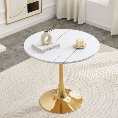 Table de salle à manger ronde, table tulipe ronde de 31,5 po avec plateau de table épaissi et piédestal en métal, table de bistro moderne Mid-Century pour la cuisine, les petits espaces, le salon et le café