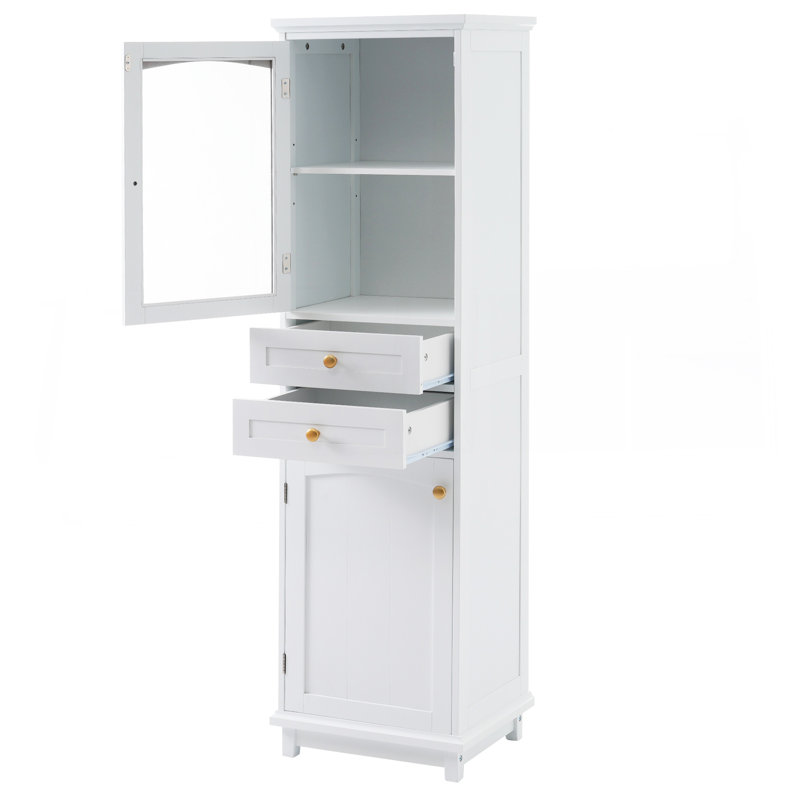 63" Tall Bathroom Storage Cabinet With Glass Doors, Free-Standing, Two Drawers, And Adjustable Shelves, MDF Board, Painted White - For Displaying Your Favorite Items