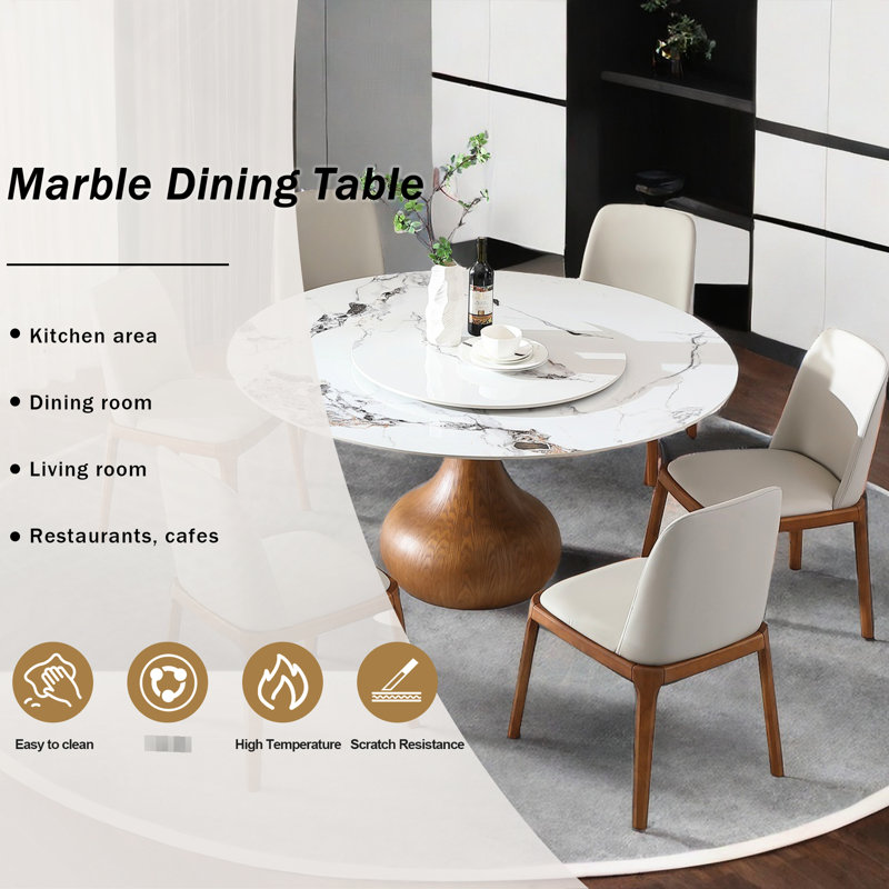 Table de salle à manger ronde en pierre frittée de 53 po, design moderne de luxe américain, table tournante 360 °, 8 places, palette de couleurs blanc noyer, surface facile à nettoyer, espace de rassemblement de pièce de style moderne, finition rotative,