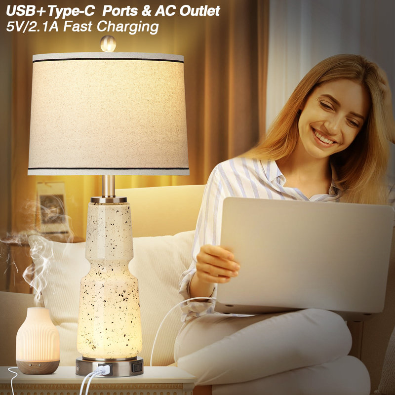 Table Lamps Nightlight 2in1 Glass Ink Textile 2-Way Touch Switch(Set of 2), Beige