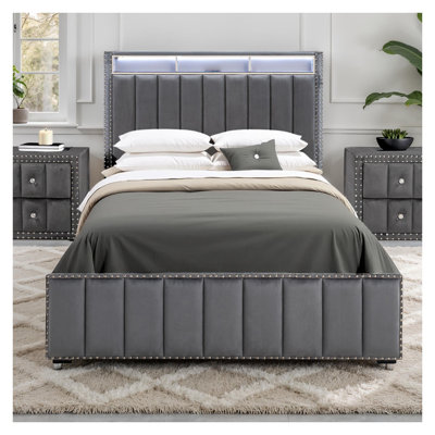 Full Size Upholstered Platform Bed with LED Headboard and Nailhead Trim, Dark Gray