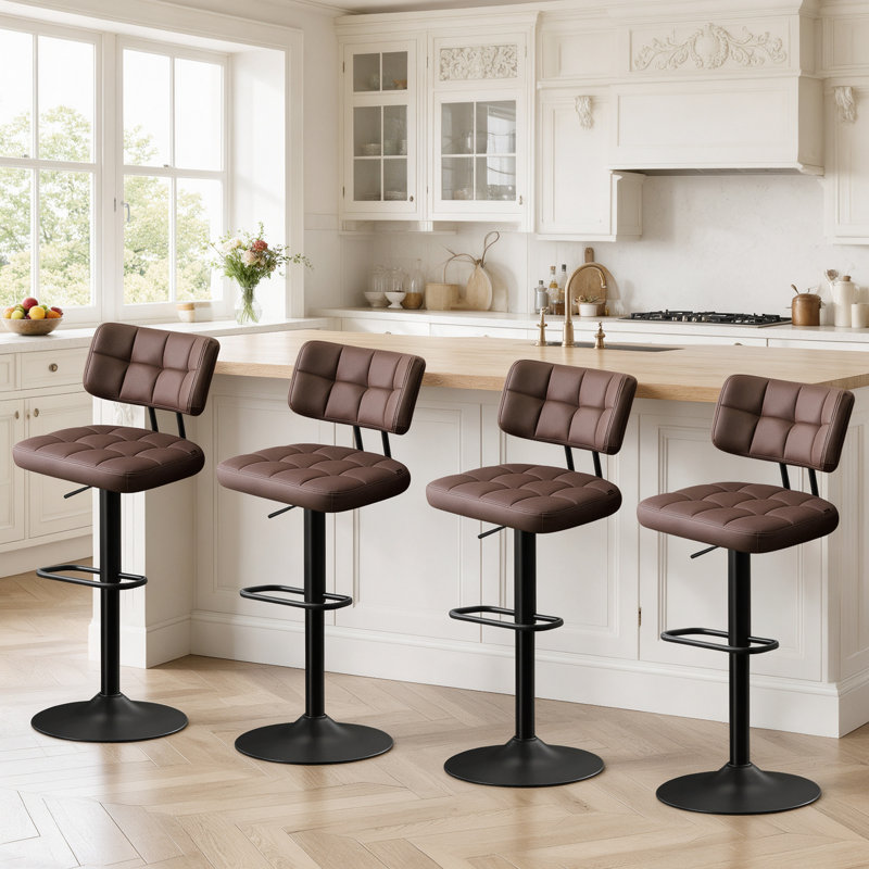 Tabourets de bar pivotants en similicuir de 49 cm de large, hauteur réglable, avec repose-pieds, coussin épais et dossier incurvé (paquet de 4).