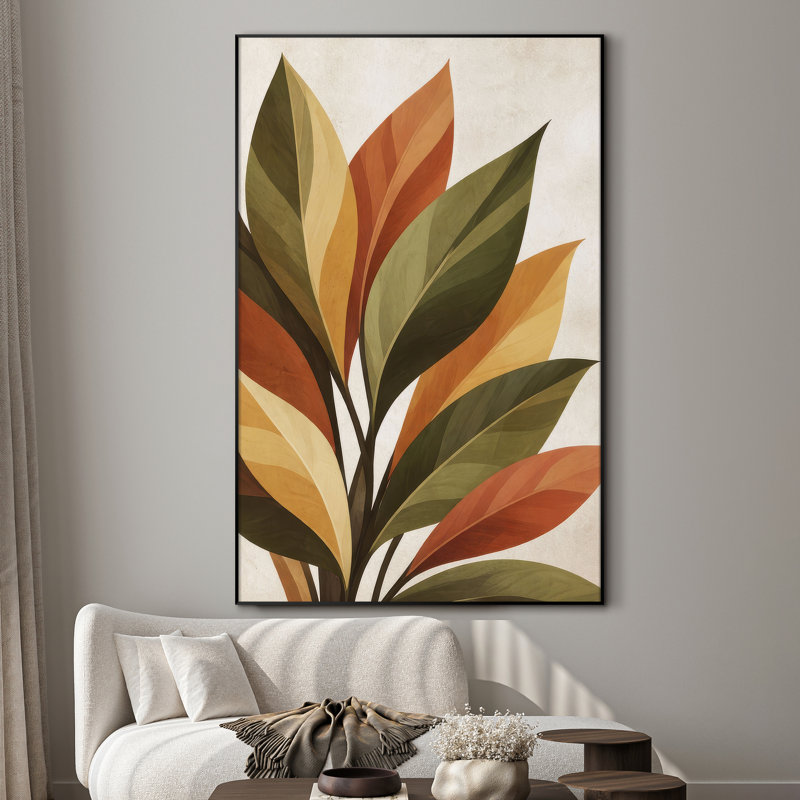 Très grande reproduction d'art sur toile - Feuilles botaniques chaleureuses inspirées de la nature pour le salon ou la chambre à coucher - «Assemblage requis du cadre (cadre non fini)»