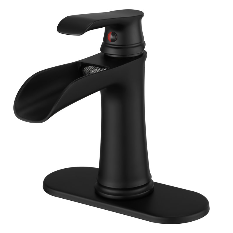 Robinet cascade contemporain pour salle de bain avec plaque de pont, noir, bonde escamotable, conduites d'alimentation, une poignée, forme géométrique, robinet à plaque à valve, forme, fonction latérale