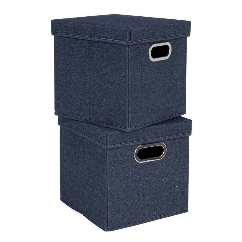 Denim Blue Cotton Blend Collapsible Cube Storage Box with Metal Handles