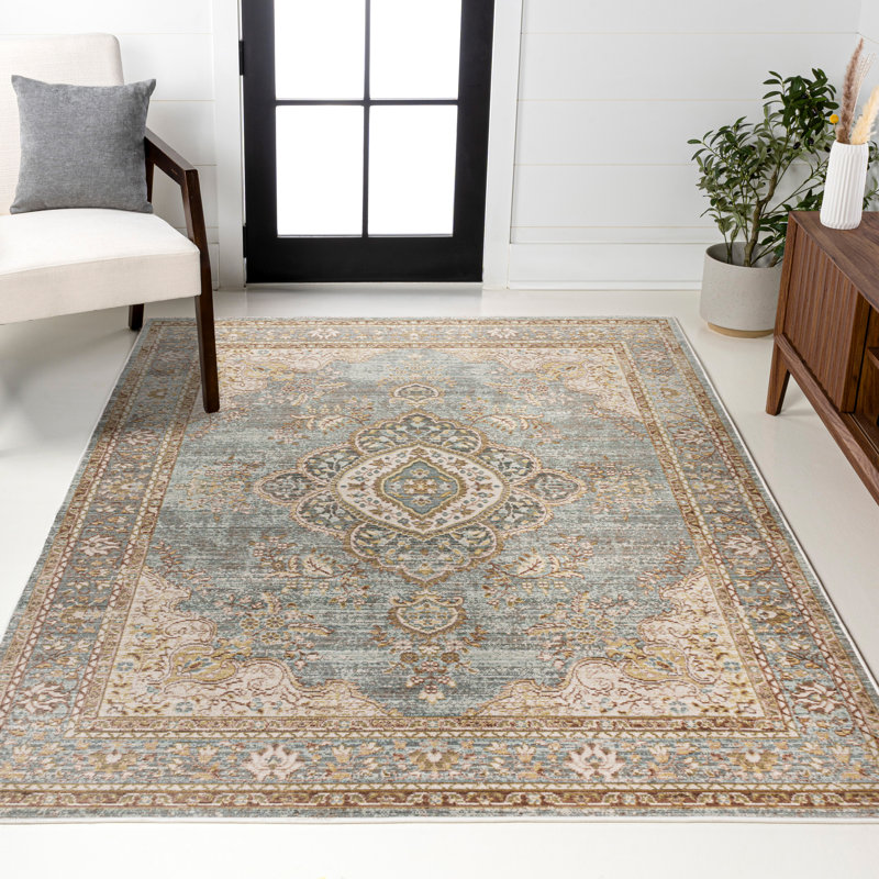 Stickney Floral Medallion Chambray Blue/Ivory Rug, Rectangle 4' x 6'