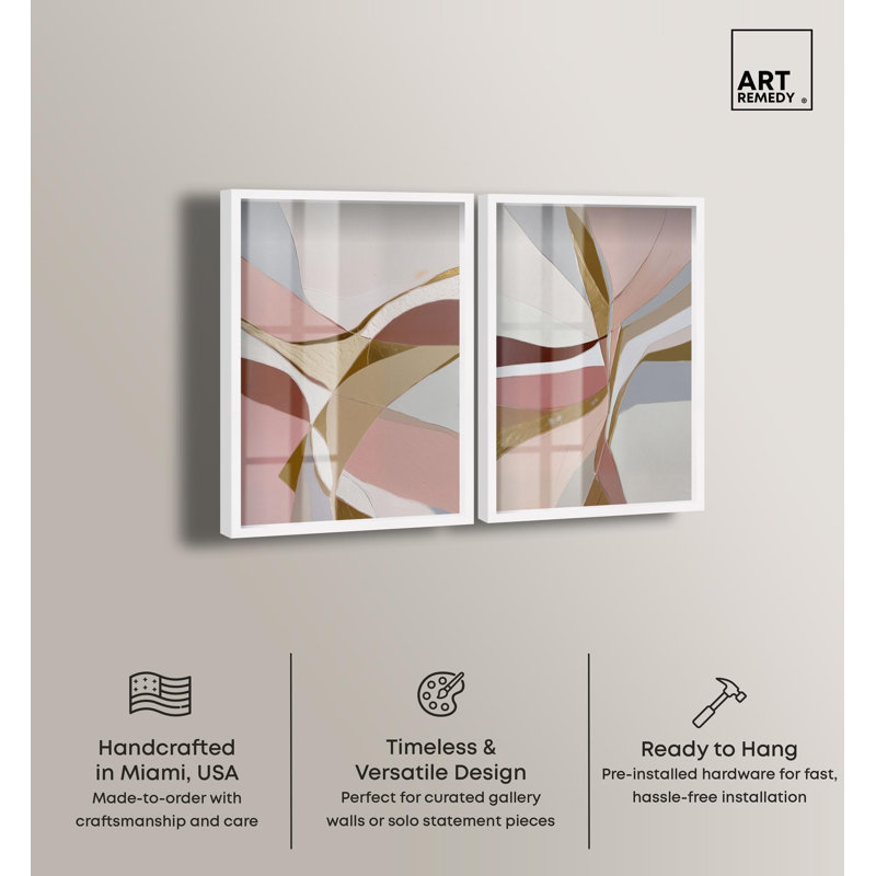 Ensemble d'art abstrait bohème « Gold Split Duo Shadowbox » par Art Remedy, cadre noir, 10 x 15, Cadre blanc