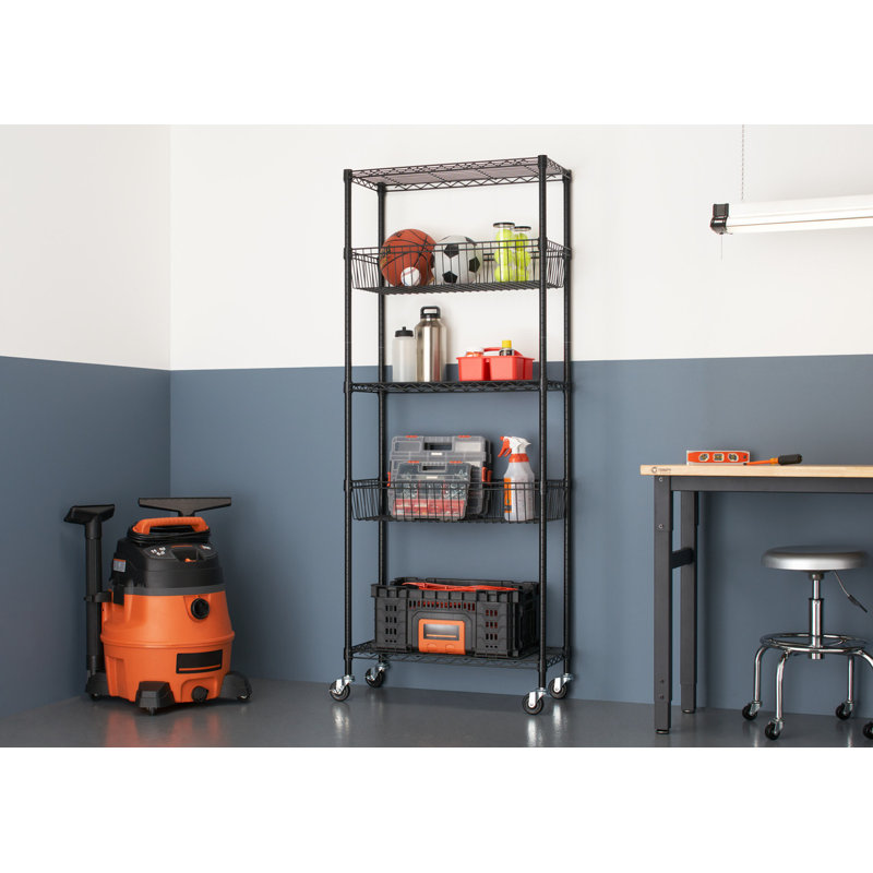 Black Powder-Coated Steel 5-Tier Wire Shelving Unit with Wheels