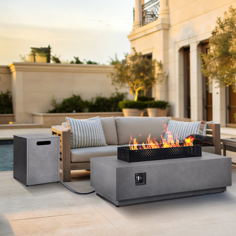 42 Inch Propane Fire Pit Table with 50,000BTU, 3-Piece Outdoor Rectangular Fire Pit for Outside Patio, Gray, Propane