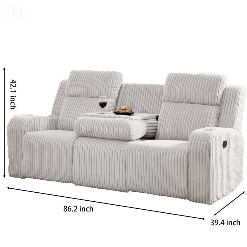 3-Seater Manual Recliner Sofa With Faux Fur, Cup Holders, Flipped Middle Backrest, Wireless And USB Charging, Ideal For Living Room Relaxation, Recliner