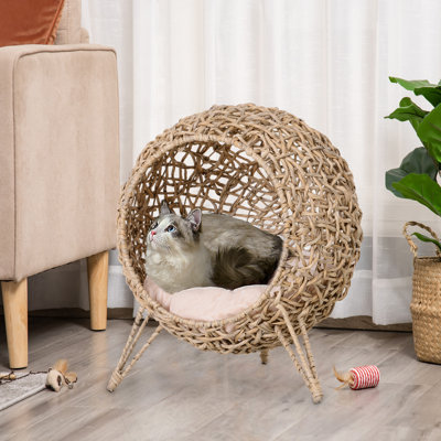 Lit rond pour chat, lit pour chat tissé de 20,5 po, maisonnette surélevée tissée à la main à motif de feuilles de bananier avec coussin