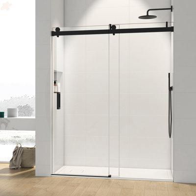 56-60 X 76 Inch Single Sliding Frameless Shower Door With Soft-Closing And 3/8 Inch Clear Glass