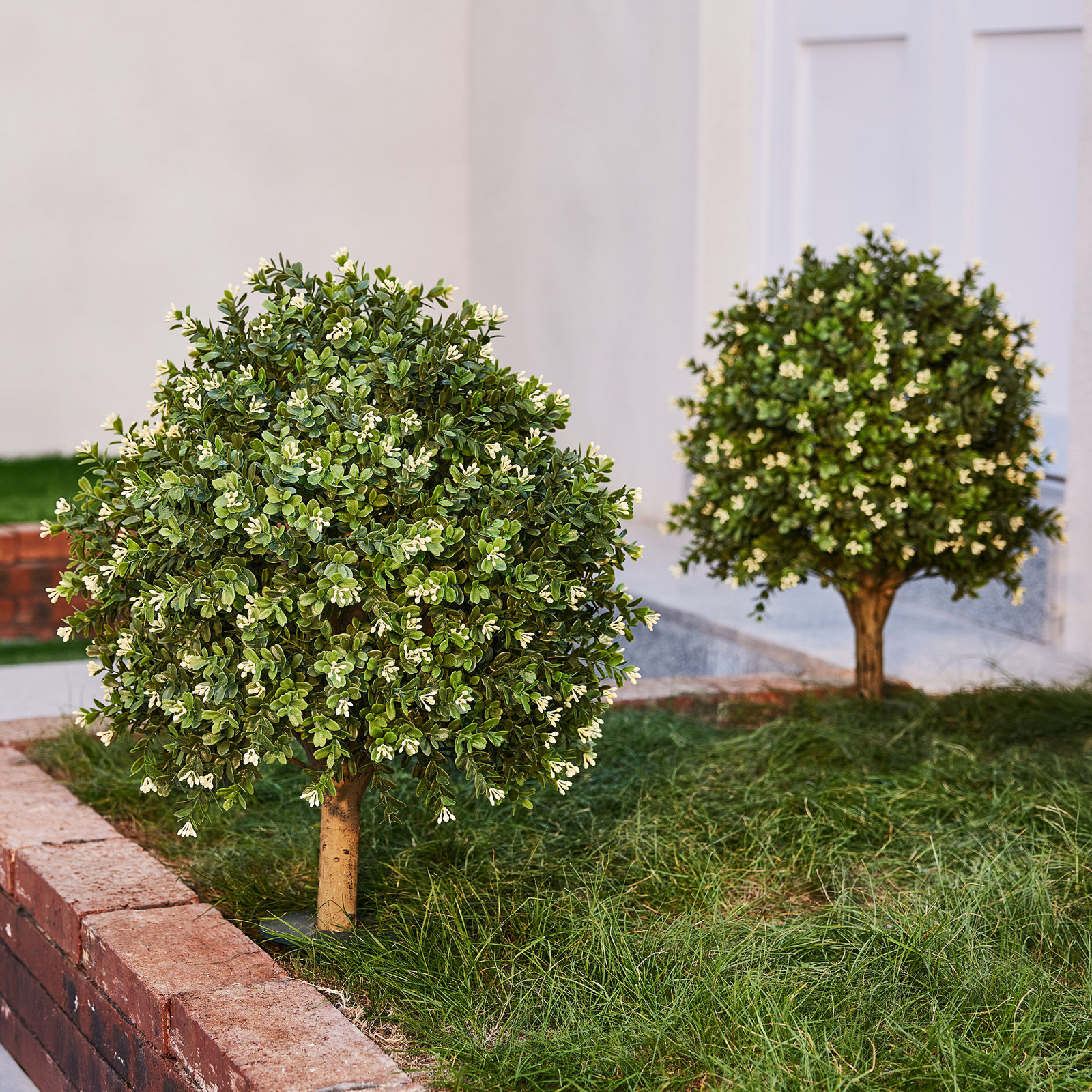 Artificial Osmanthus Topiary Ball Tree With White Flowers & Ground Spike - UV Resistant Faux Boxwood Style Shrub For Front Porch Urns & Garden Landscape (Indoor/Outdoor)