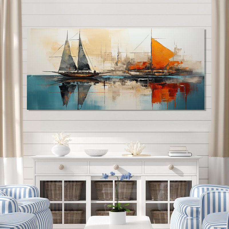 «Moonlight Saiboat Collage Horizon II», bateau à voile, art mural, Toile tendue, H 28 po x l 60 po x P 1,5 po