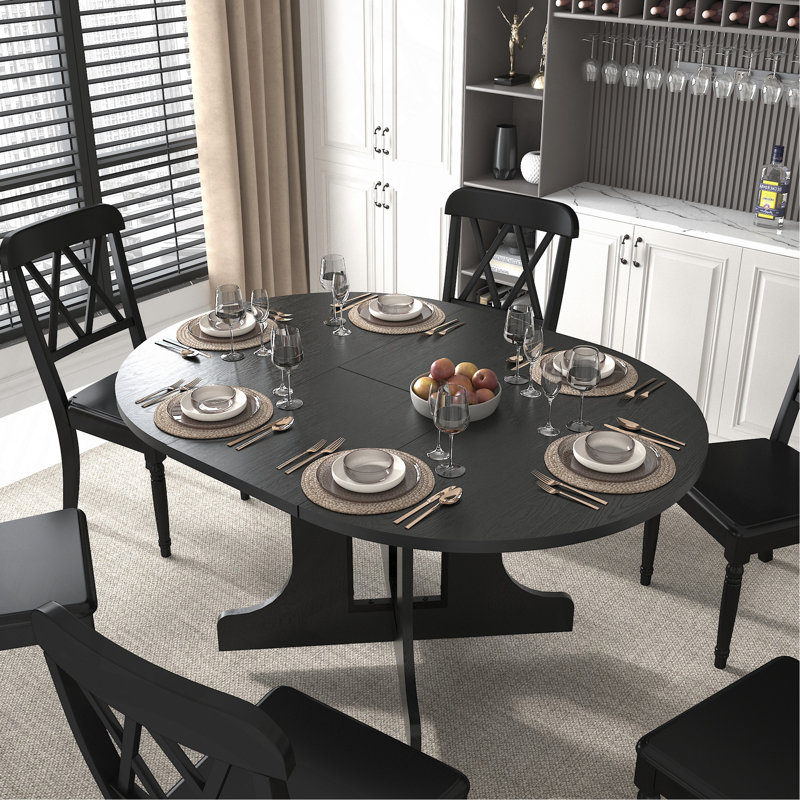 Farmhouse Expandable Dining Table - Oval Tabletop with Removable Leaf, Trestle X-Shaped Base for Kitchen, Black, Black