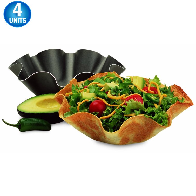Non-Stick Fluted Tortilla Shell Maker Extra Thick Steel Taco Salad Bowl  Pans, Non-Stick Carbon Steel, Set of 4 Tostada Bakers