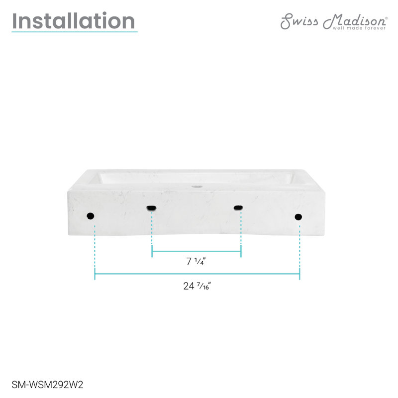 Lavabo mural large Swiss Madison Voltaire, Marbre blanc statique