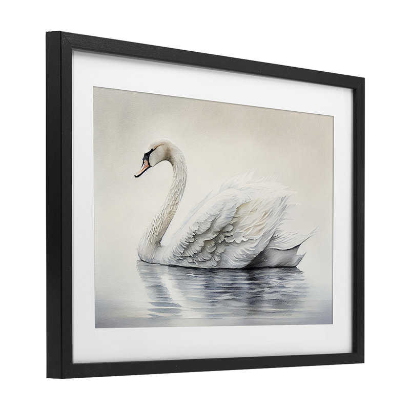 Élégant cygne flottant, impression sous verre encadrée, design par Sasha, H 14 po x l 20 po, Cadre noir minuit