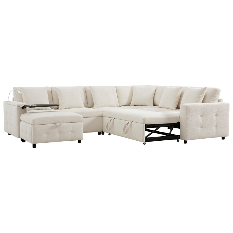 Canapé-lit modulaire coulissant 117 * 90 po avec panneau de table rabattable, lampe de lecture, ports de charge, repose-pieds de rangement, conception capitonnée, 6 coussins, combinaison surdimensionnée et libre, chenille, 2 couleurs