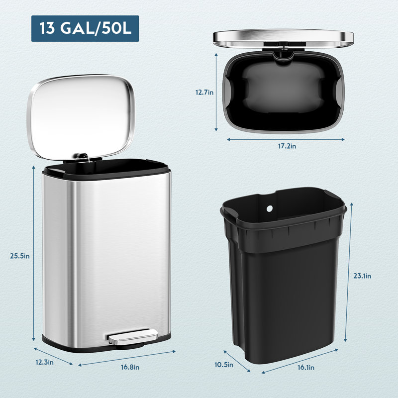 Poubelle de cuisine 13 gallons (50 L) et 2,6 gallons (10 L), poubelle en acier inoxydable avec couvercle et pédale fermés, poubelle avec seau intérieur amovible, pour bureau, salle de bain, intérieur (argent)