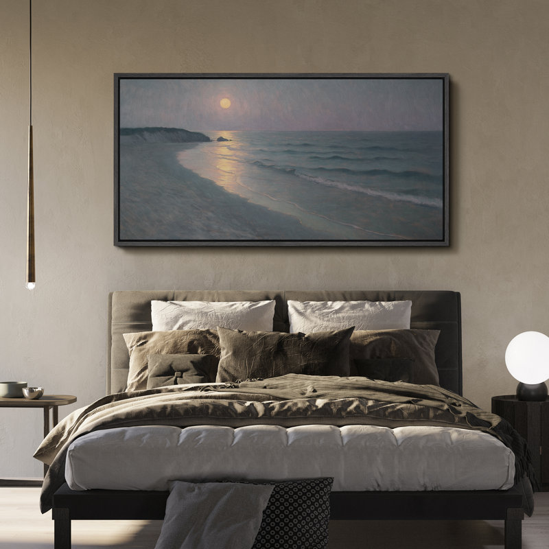 Clair de lune sur une plage tranquille, grande impression sur toile encadrée pour un décor côtier serein, H 30 po x l 60 po