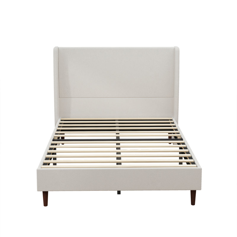 Lit tapissier à tête de lit haute, structure de lit grand, support à 12 lattes, blanc ivoire facile à assembler, tissu chenille, aucun sommier requis