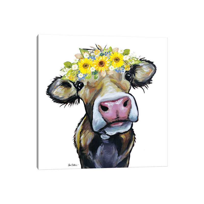 Brun noisette avec couronne de fleurs de tournesol par hippie Hound studios-impression, Toile tendue, Pas de tapis