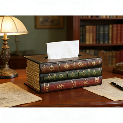 Handmade Antique Book Tissue Box Holder - Wooden Decorative Tissue Dispenser And Novelty Storage Organizer For Home, Office, Or Car