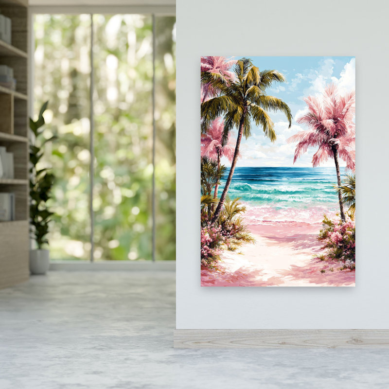 Art mural côtier tropical de plage rose, 60" H x 40" W