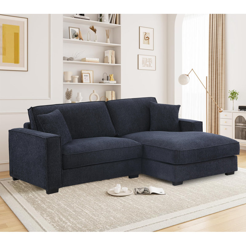 Oversized Solid Wood L-Shaped Sectional Sofa Chaise With Deep Seat, Blue Polyester Blend, Right Hand Facing