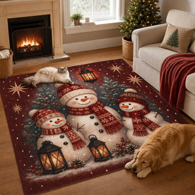 1Pcs Cute Snowman Family Christmas Theme Rug, Festive Holiday Winter Accent Mat, Decorative Cozy Wonderland Area, Non-Slip Backing, Living Room, Bedroom, Decor for home detor
