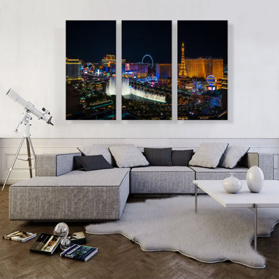 Las Vegas Strip, Nevada Party City at Midnight - ensemble de 3 reproductions de photos sur toiles tendues