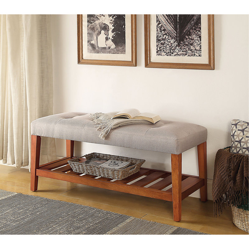 Banc en tissu et finition chêne Charla, Gris clair