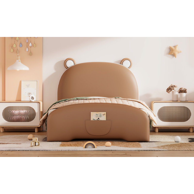 Lit plateforme simple en forme d'ours - brun et blanc, solide, confortable, facile à installer et stable avec de jolies caractéristiques pour une bonne nuit de sommeil