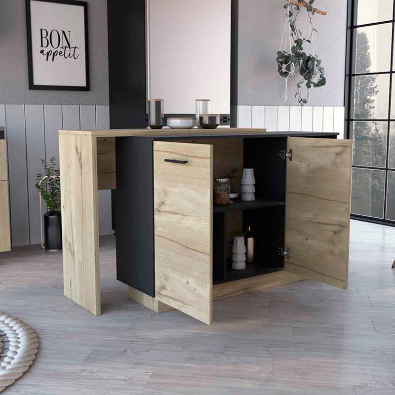 Sicilia Kitchen Island, Two  External Shelves, Double Door Cabinets, Three Shelves -Black / Light Oak, Natural/Black