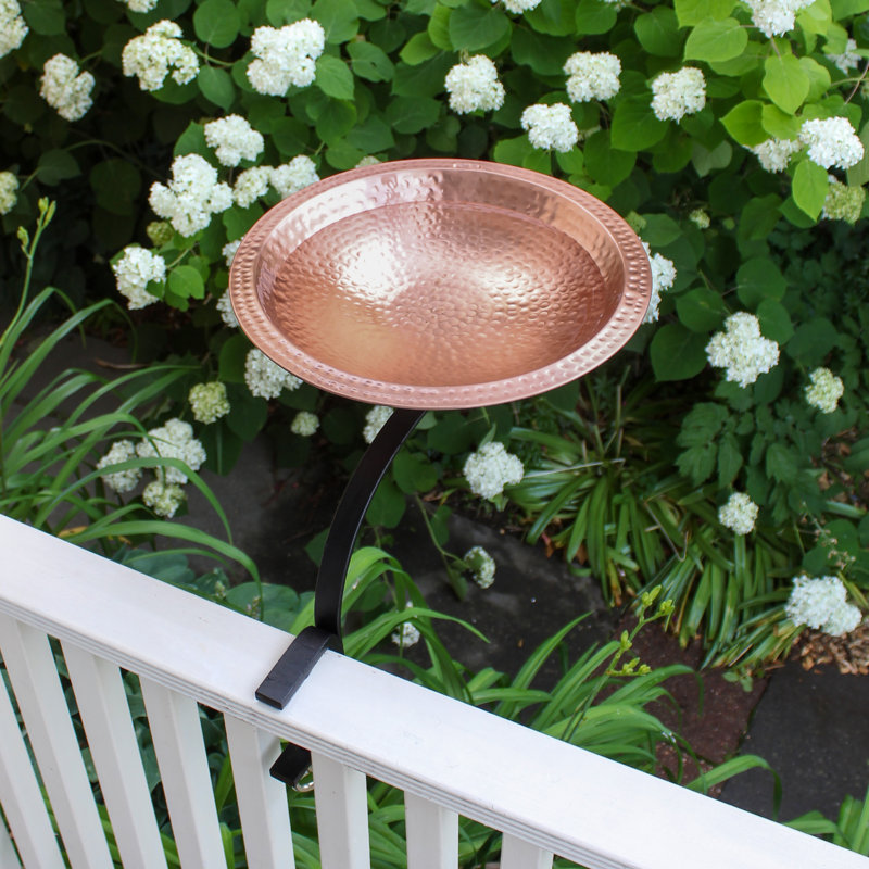 Hammered Copper Birdbath with Black Iron Rail Mount