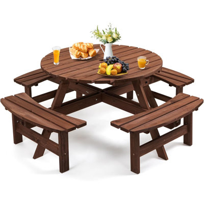 8 Person  Round Tabletop Wood Picnic Table with 4 Built-in Benches