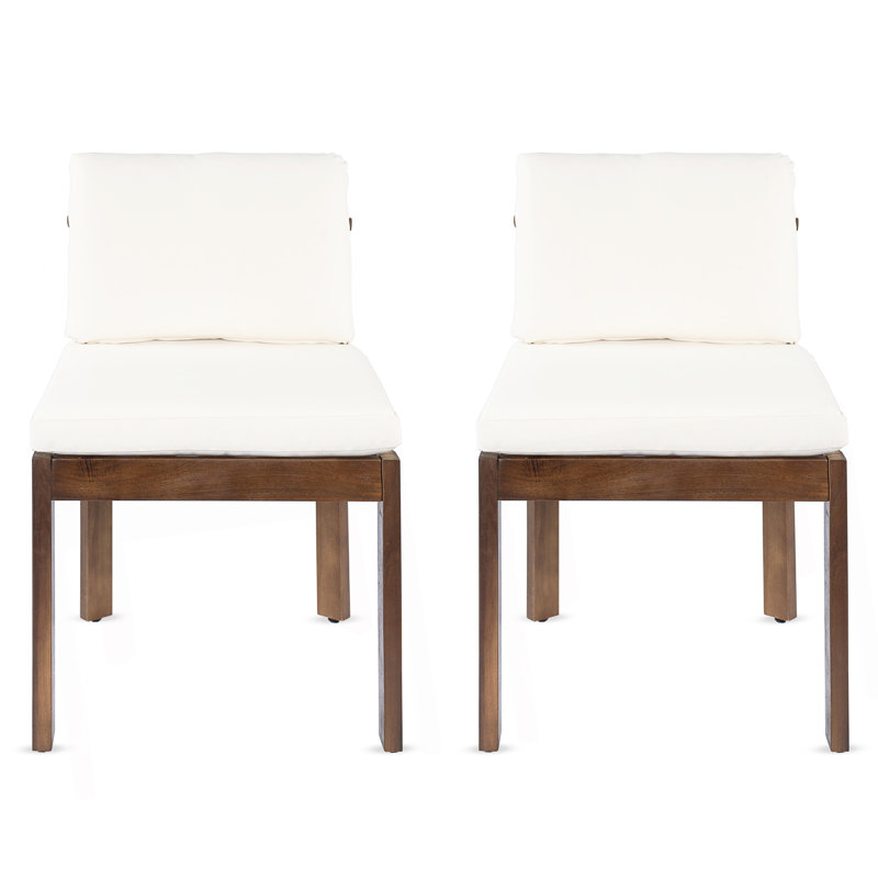 Chaise de salle à manger d'extérieur en bois d'acacia (ensemble de 2), bois brun et coussins crème, Brown+Cream