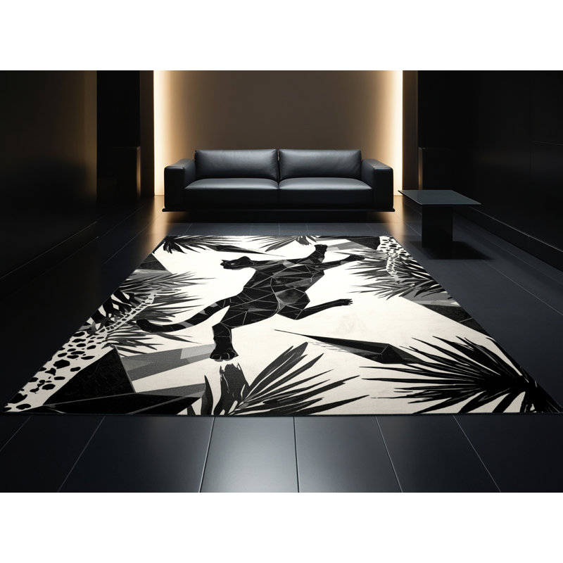 Machine Washable Osckar Ocelot Modern Geometric Rug in Beige – Black Binding, 7x10